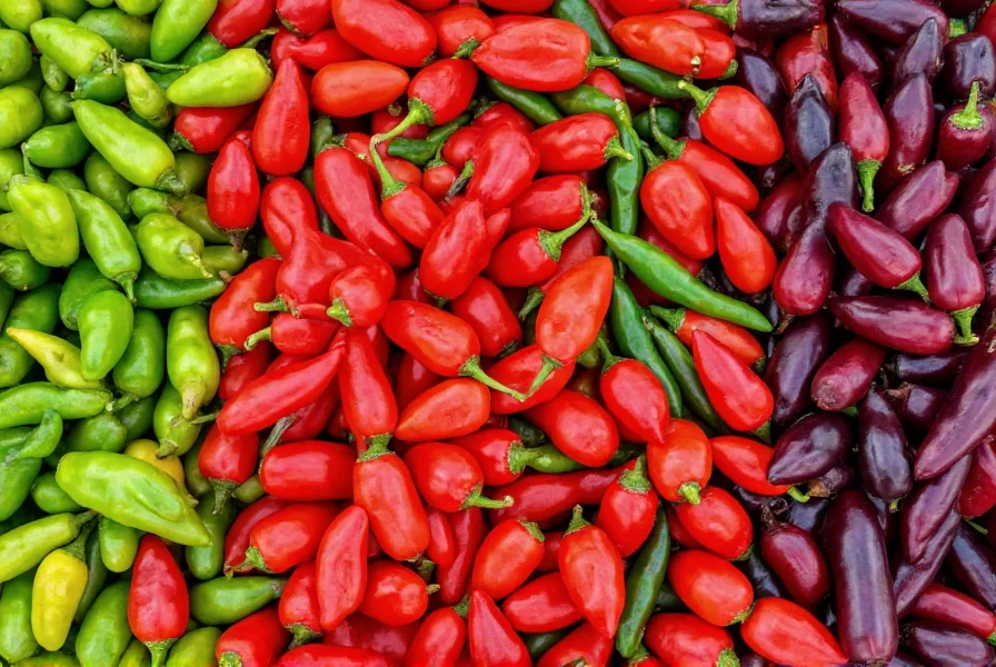 Colorful arrangement of various chili pepper types showing size, shape, and color differences from green to red to purple varieties