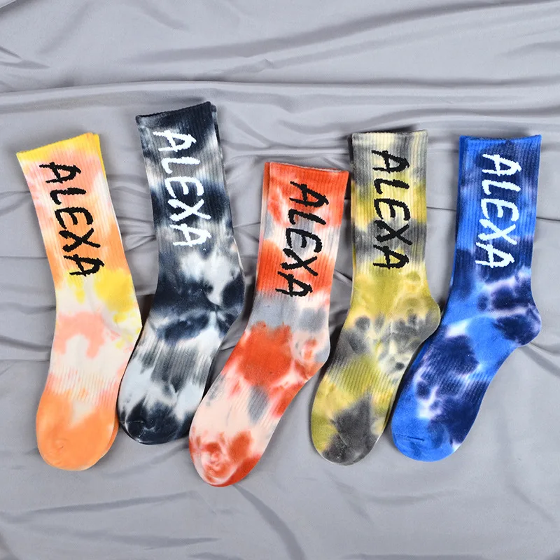

Men's alphabet tie-dye trend in tube cotton socks Outdoor flat sweat absorbent sports basketball socks Boy's happy socks, Multi color