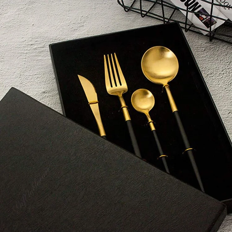 

Fancy design luxury portuguese black matte silverware stainless steel kichan cutlery cuttlery set spoon fork set, Black gold / white gold / pink gold / blue gold / green / silver