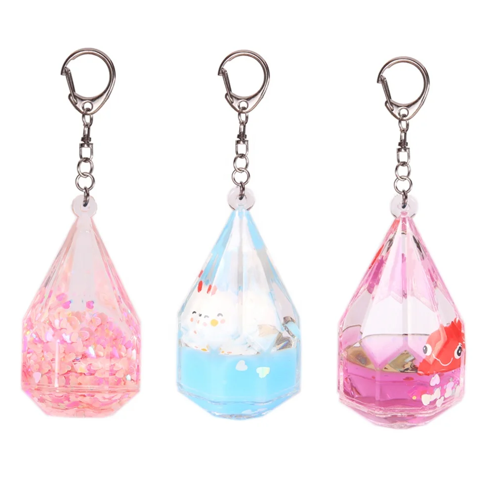 

Diamond shape oil water filled 3D floater keyring customized liquid glitter floating keychains cute keychain for women