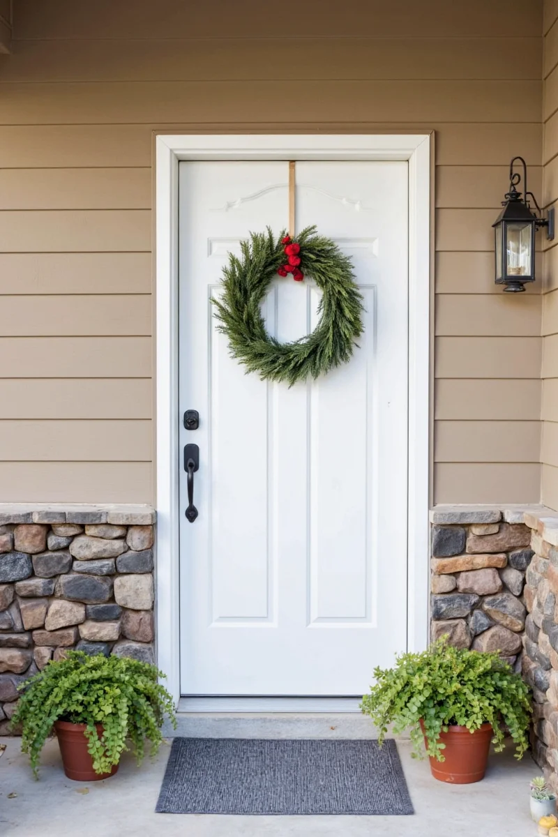 Happy family smiling in front of their decorated door