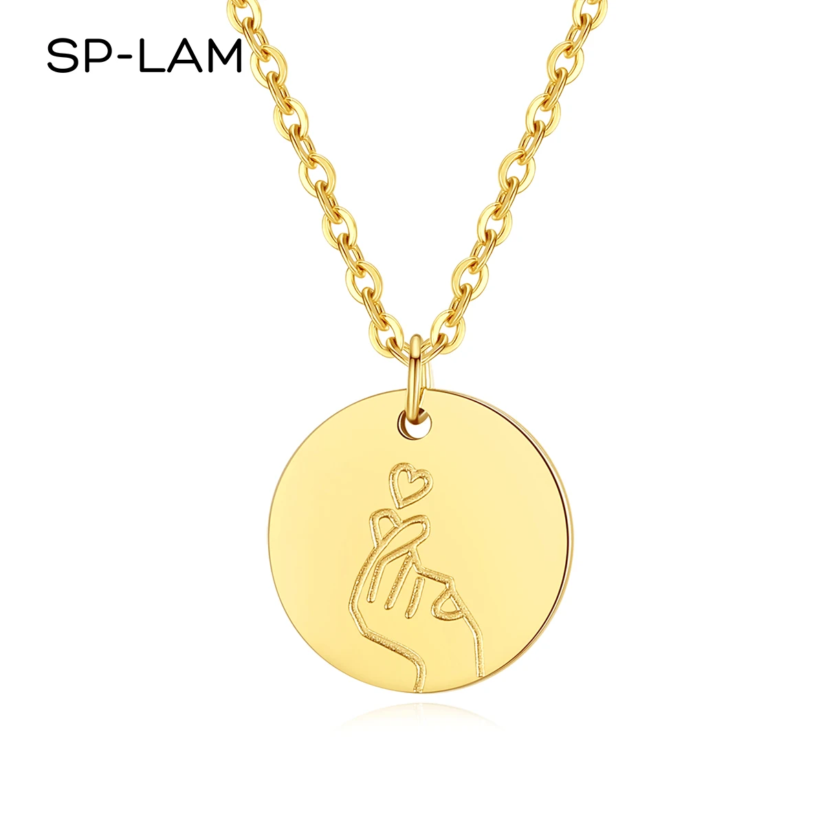 

SP-LAM New Design Engraved Link Chain Cute Jewelry Round Woman Gold Coin Necklace Stainless Steel Pendant