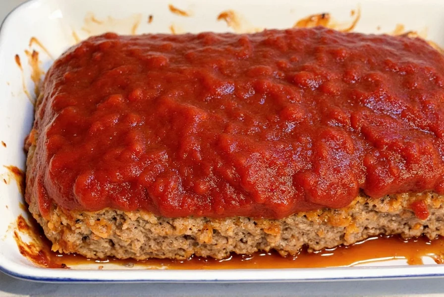 Meatloaf topped with Heinz Chili Sauce in baking dish