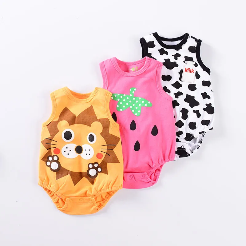 

Strawberry milk cow lion design baby summer bodysuit sleeveless baby romper, Picture
