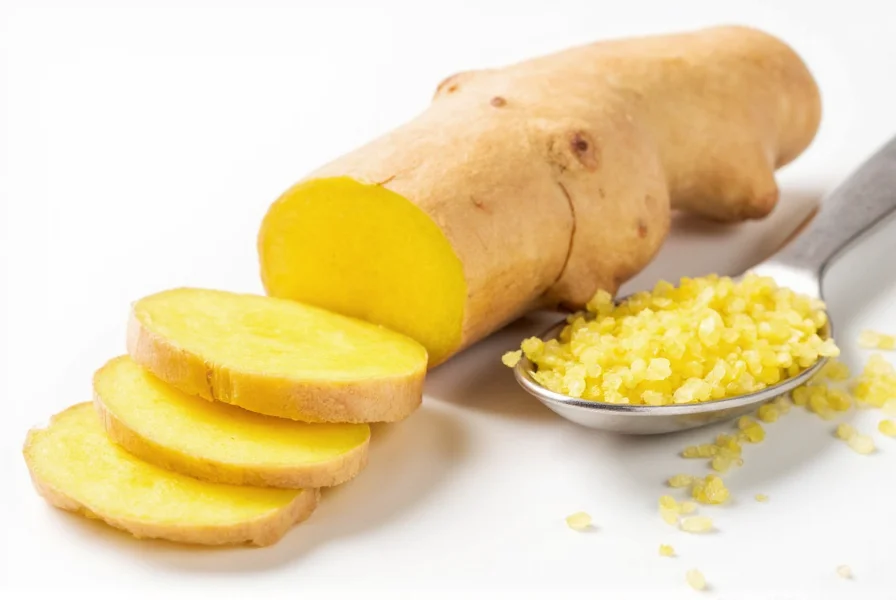 Fresh ginger root sliced with measuring spoon showing proper dosage for inflammation