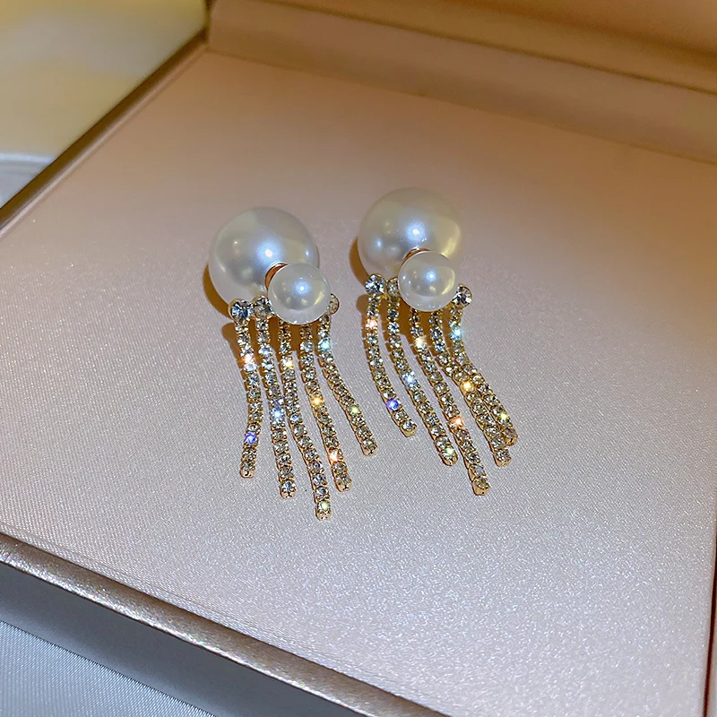 

fashion crystal tassel pearl double drop earrings