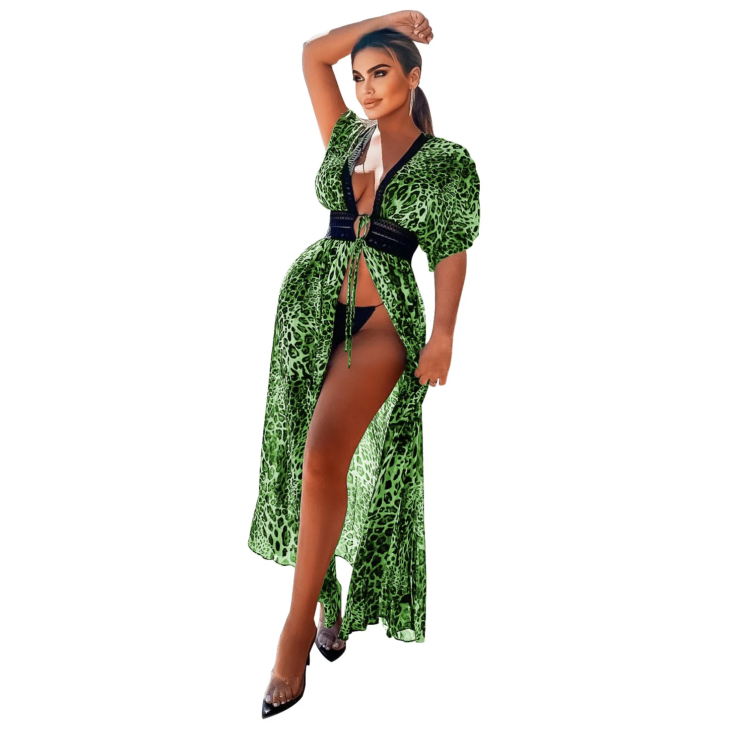 

2021 Casual Chiffon smock Hollow waist robe dress seaside beach leopard print long dress for women