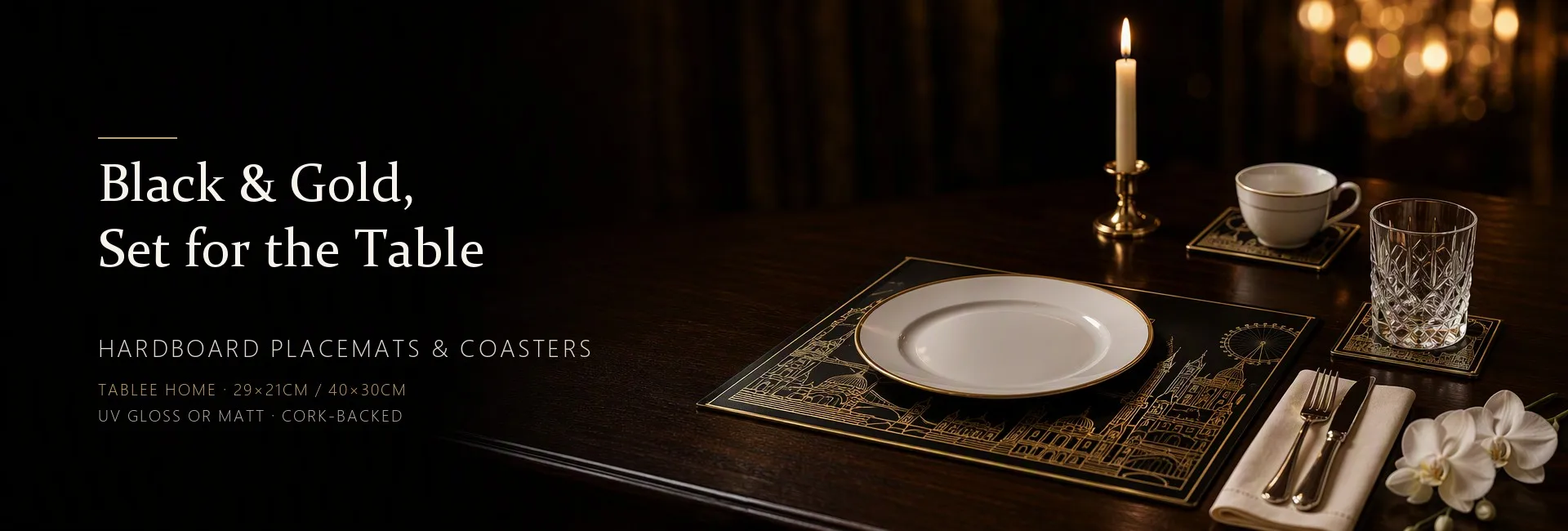 Hardboard placemats and coasters on a black and gold banquet table setting