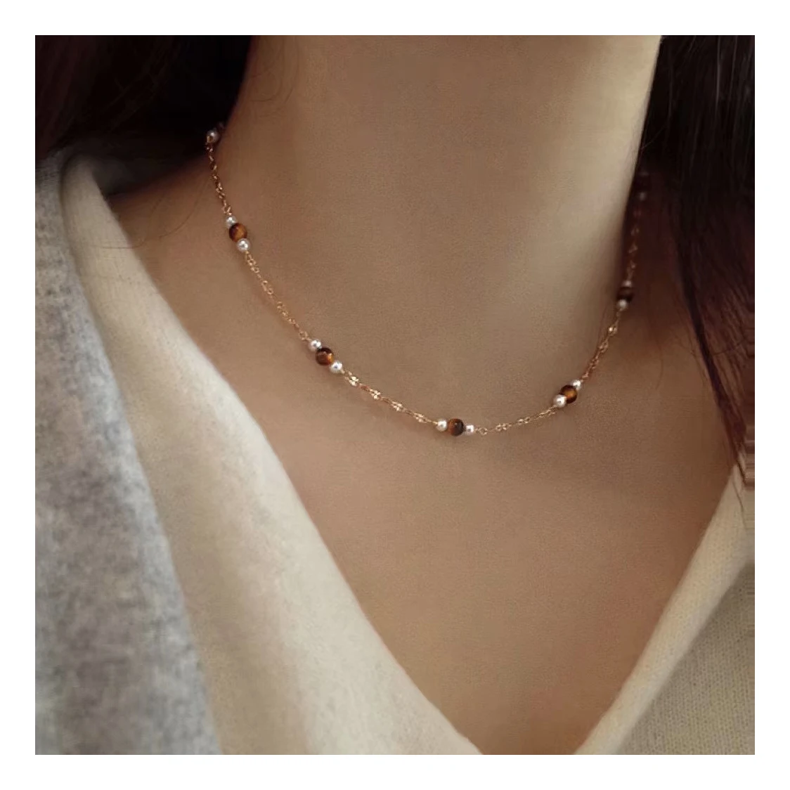 2024 Autumn Winter Necklace Tiger Eye Stone Natural Freshwater Pearl Full Star Fashion Retro Light Luxury