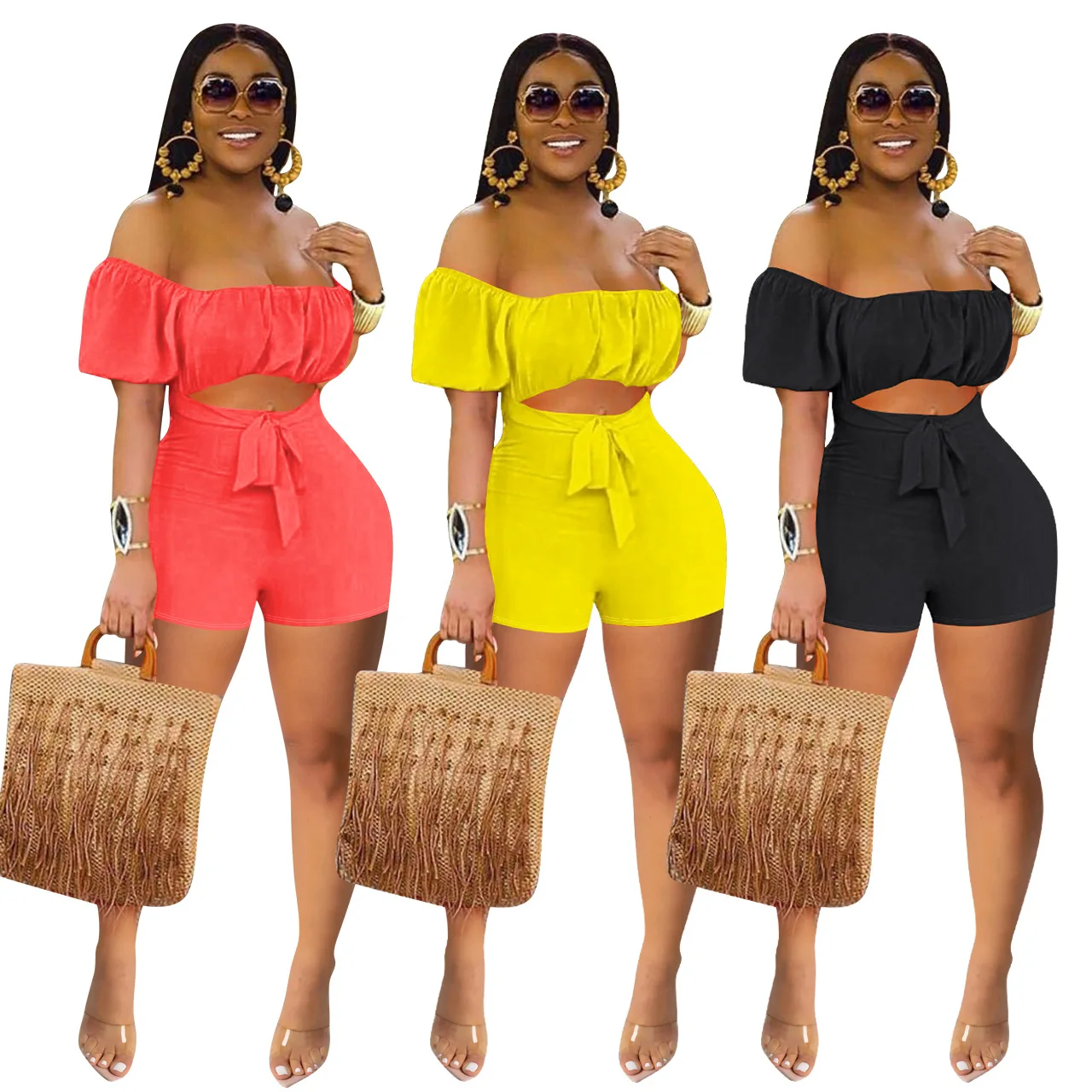 

2021 New arrivals solid color women off shoulder ruffle crop top short jumpsuit summer one piece romper, As picture