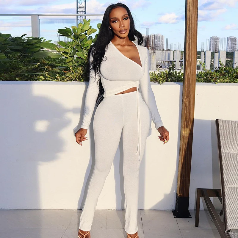 

CUTENOVA K21ST588 Solid Color Irregular Drawstring Top And Tight Pants Suit Autumn 2021 Women's Sets