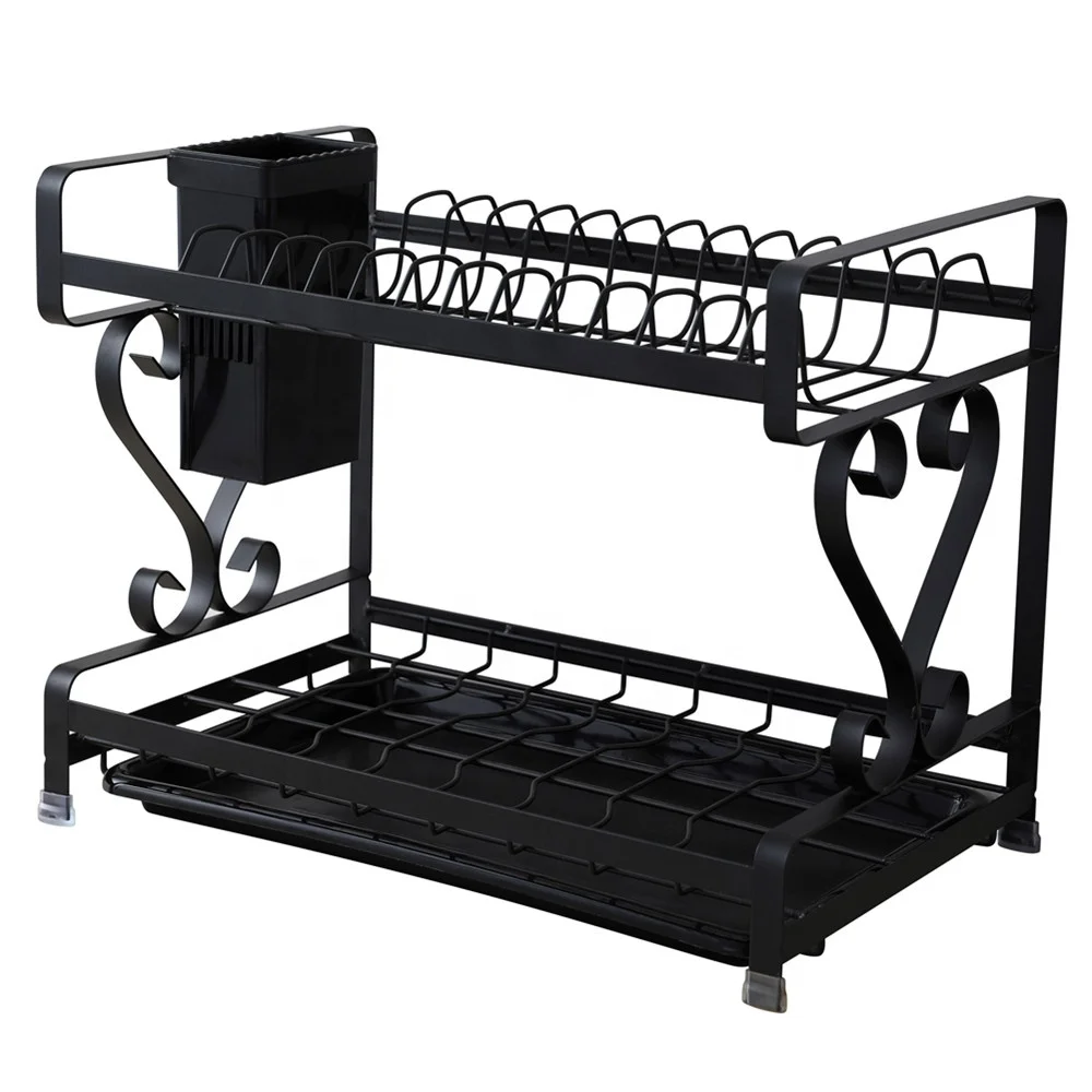 

2 Tier Metal Dish Drying Rack Kitchen Organizer with Plastic Drain Board, Painting