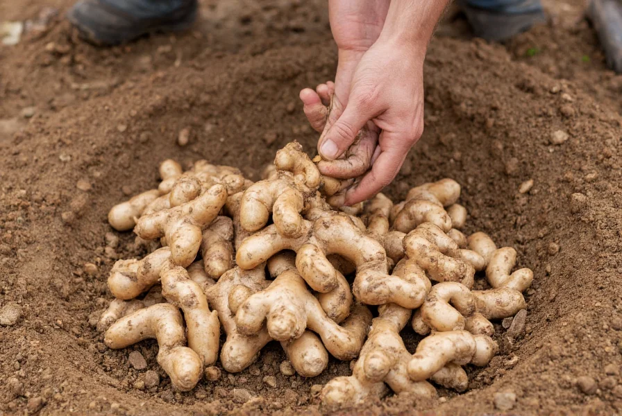 Farmer carefully harvesting mature ginger rhizomes from soil showing healthy root structure