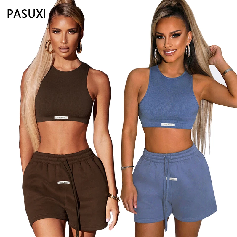 

2022 PASUXI Custom Fitness Outfit Women Activewear Ribbed Sleeveless Two Piece Private Label Seamless Yoga Sets, As picture