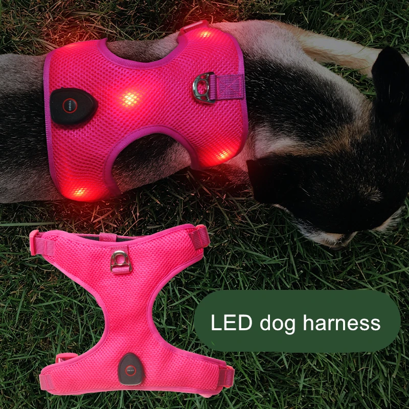 

2022 Wholesale Custom Night Safety Adjustable LED Pet harness collar USB Rechargeable Glowing Flashing led dog vest harness