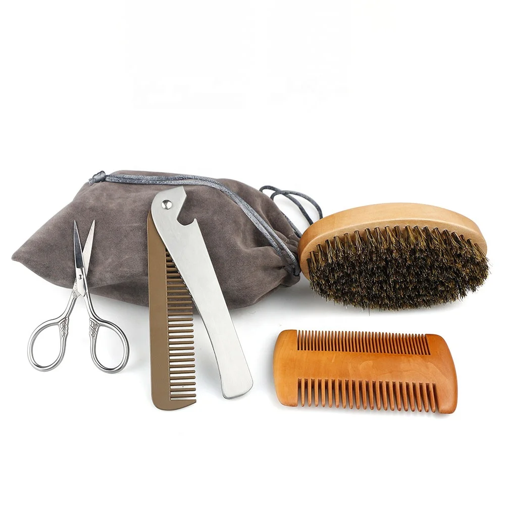 

Metal Mustache Grooming Scissors Folding Custom Beard Comb Wood Beard Care Kit With Bag