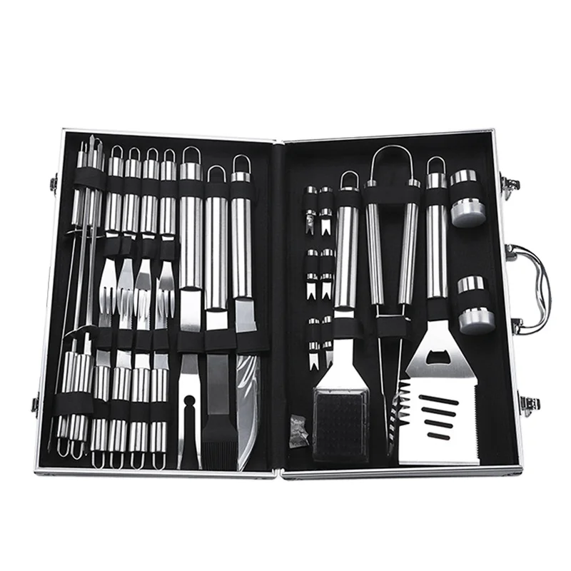 

26PCS Stainless Steel Barbecue Grill Set Cleaning Brush Private Label BBQ Tool Box Grill Tongs Portable Tools Box Set, Natural color