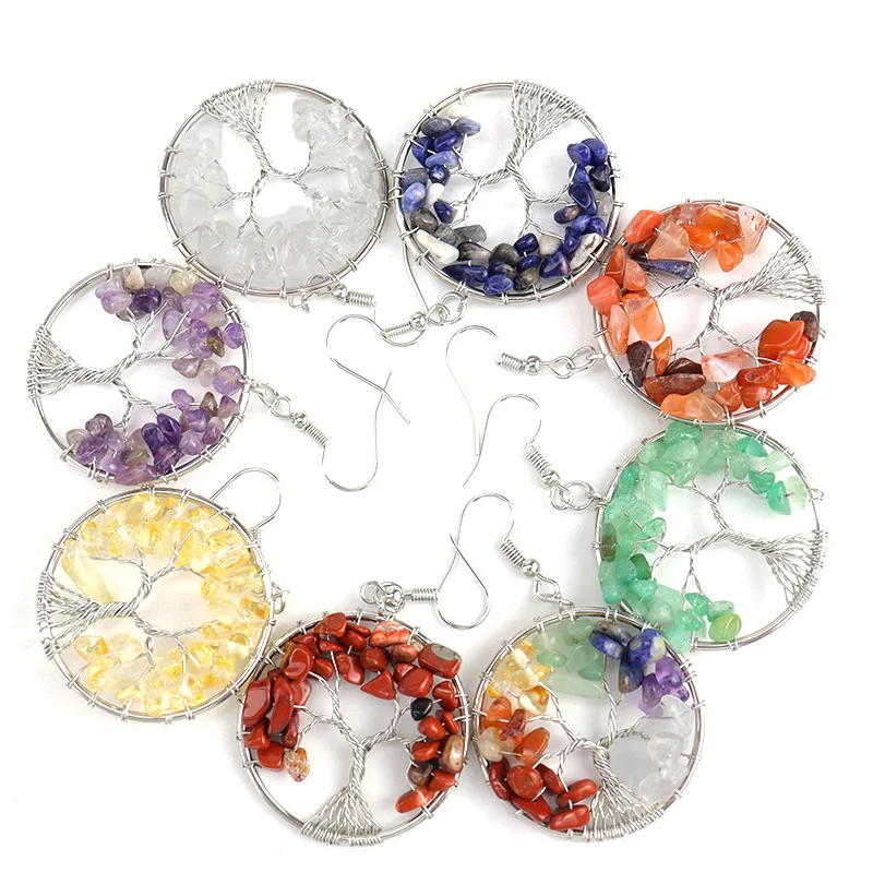 wholesale New natural crystal stone tree of life 7 chakra healing earrings for women gemstone crystal earrings