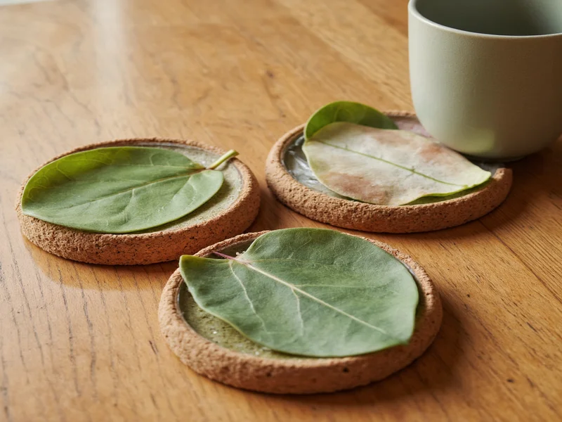 Natural materials for coasters: leaves, resin, cork bases on wooden table
