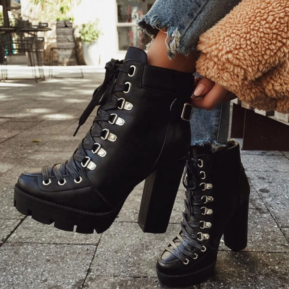 

Winter Boots Fashion Platform High Chunky Heel Lace Up Women Ankle Boots Big Size 43 Women Short Booties, Black,pink