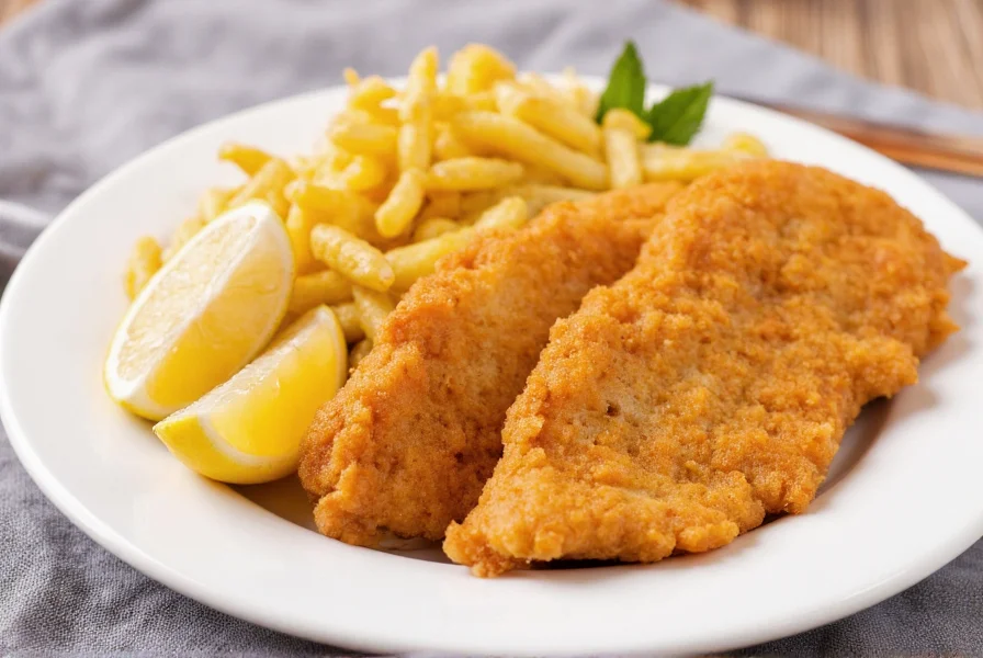 Traditional Austrian wiener schnitzel served with lemon wedges on a white plate
