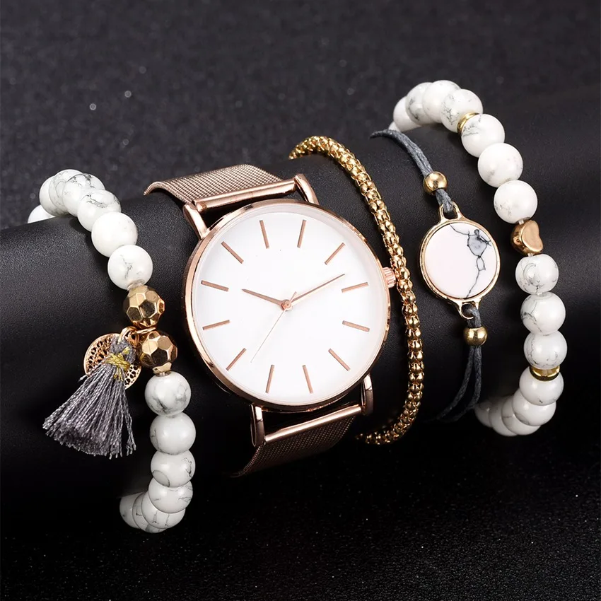 

Women Watch 5 set Bracelet Japan Quartz Movement Simple Waterproof Rose Gold Stainless Steel Mesh Ladies watch relogio feminino, As show
