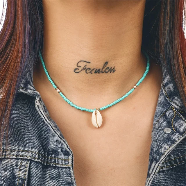 

Bohemian Summer Beach Holiday Gift Natural Stone Shell Bead Chain Choker Necklace, Blue,white