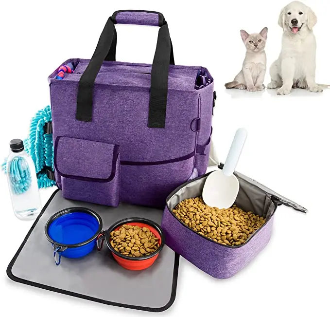 

Custom purple polyester dog travel bag portable pet food travel storage organizer sling for trip camping, Customized color