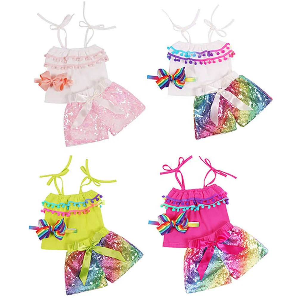 

Baby Girls Sequin Shorts Set Summer Toddlers Clothing Outfits Boutique Little Girls Spaghetti Strap Top Set Shorts+Top+Hairband