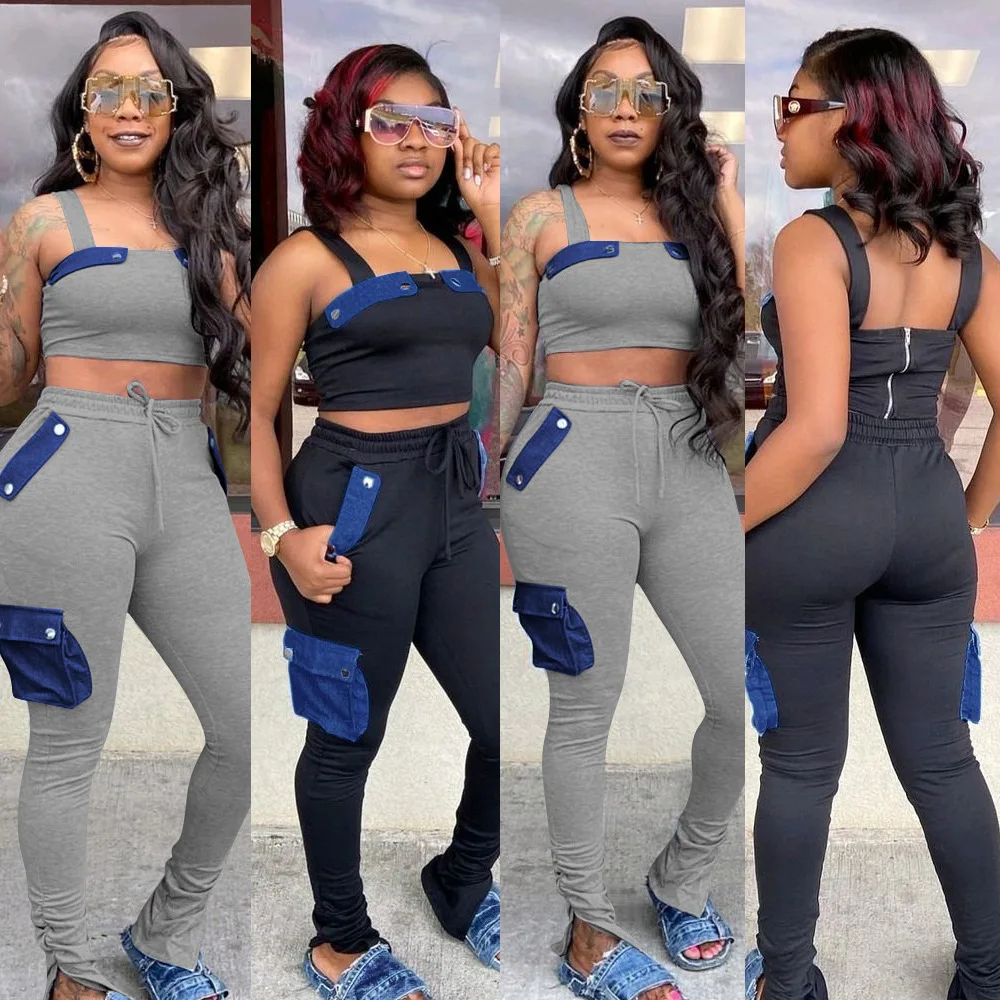 

2021 latest design denim patchwork women outfit 2 piece tank top with stacked pants set high street slim fit clothes, 2colors as picture