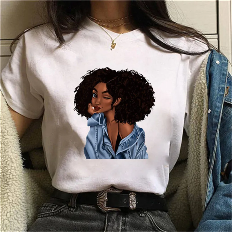 

2021 Fashion Tops O Neck T Shirt Black Girl Printing Graphic Short Sleeve Women T-Shirt, Picture showed