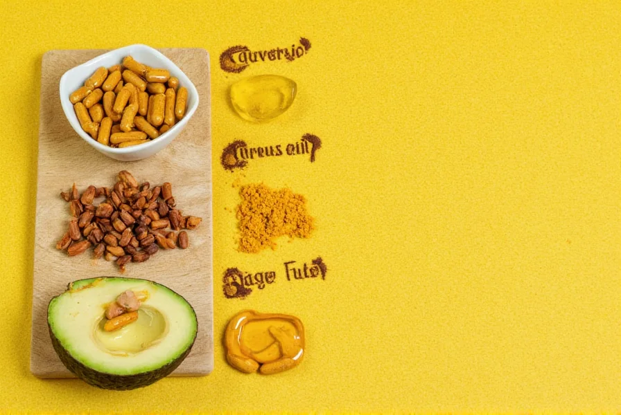 Turmeric supplement capsules next to avocado, olive oil, and black pepper showing optimal food pairings for maximum absorption