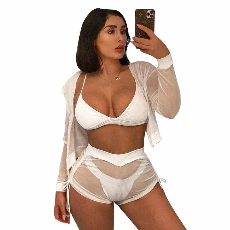 

Summer Sun Protection Sexy Long Sleeves Sport Wear Tulle Mesh 2Piece Short Set Women
