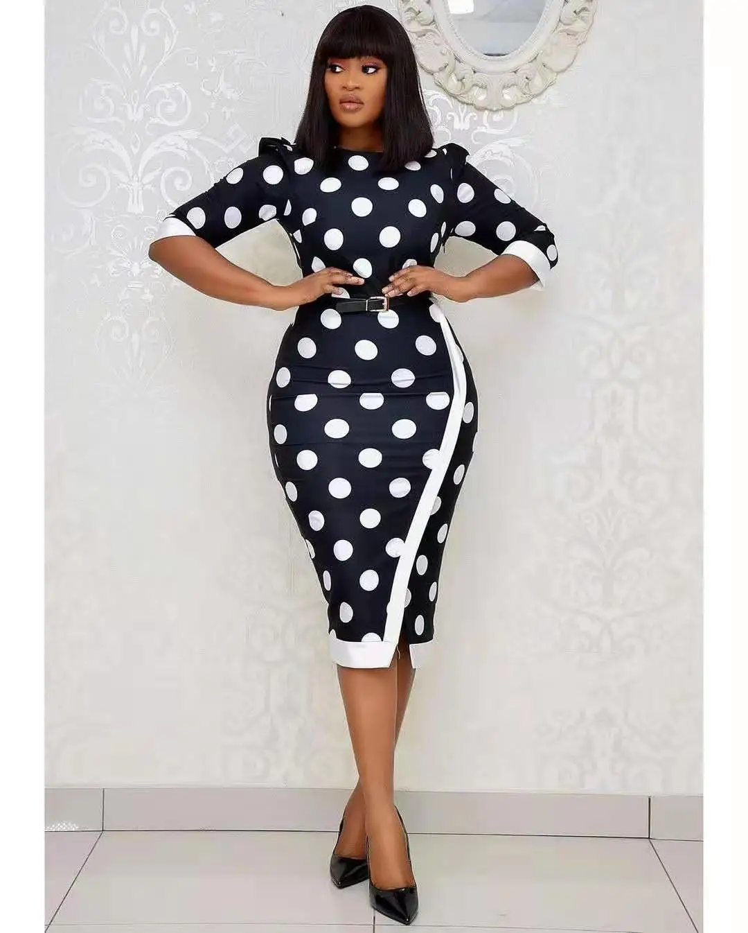 

2021 spring summer polka-dot long-sleeved Spliced mesh back bowknot women's casual dresses elegant Bodycon office ladies dress, Shown