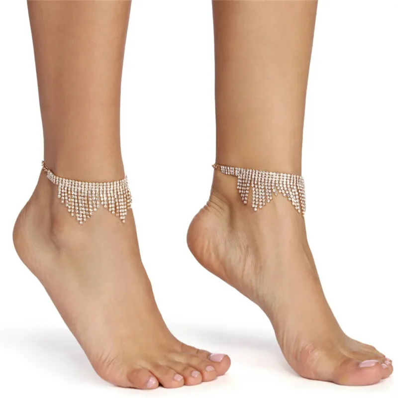 

WIIPU Elegant Rhinestone Tassel Anklet Ladies Jewelry Crystal Anklet Bracelet Barefoot Sandals Wedding Accessories, Silver,gold