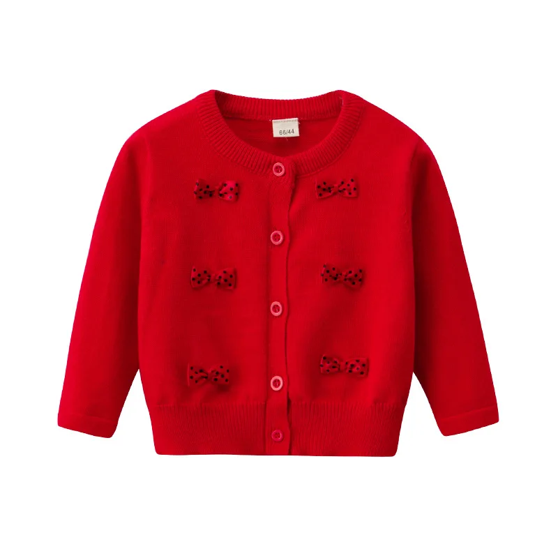 
Factory Wholesale 100% cotton red color princess girl sweater cardigan with bow knot design 