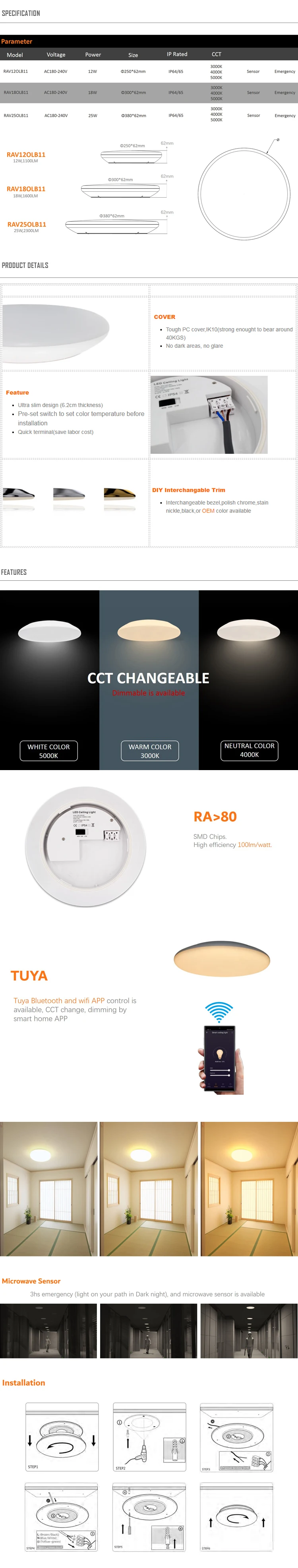 Tuya Control IP65 Adjustable Bedroom Ceiling Light For Home