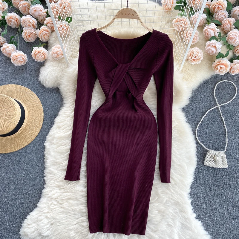 

Women Knitted Dress Hollow Out Long Sleeve V Neck Elastic Slim 2022 Spring Autumn Sexy Bodycon sweater Casual dress