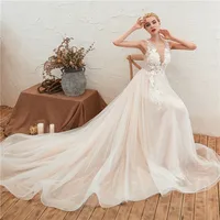 

White Ivory Color V Neck A Line 3D Flower Applique Real Photo Boho Beach Summer Bridal Dress 2019 Tulle Wedding Dress Plus Size