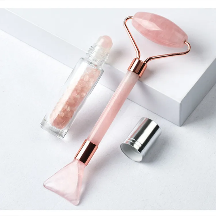 

hot sale 100% natural Rose Quartz Jade roller anti-aging and slimming face massager double heads gua sha Jade Facial Roller set, Green