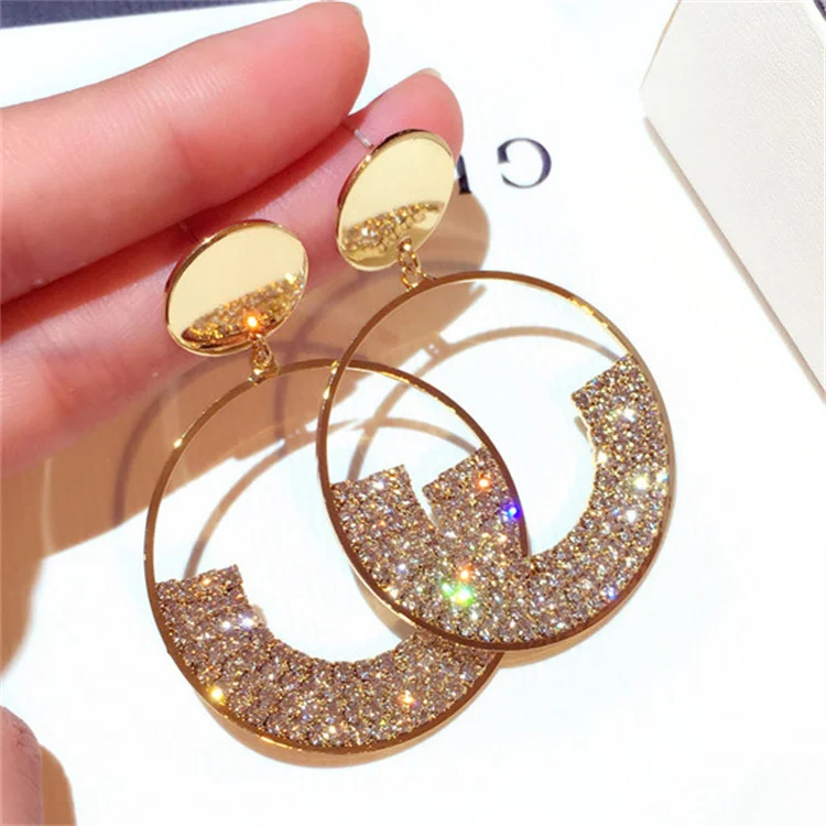 

New Fashion Korean Silver Needle Earrings Exaggerated Trend Set Water Diamond Circle Temperament Hoop Earrings Pendant Female, Picture
