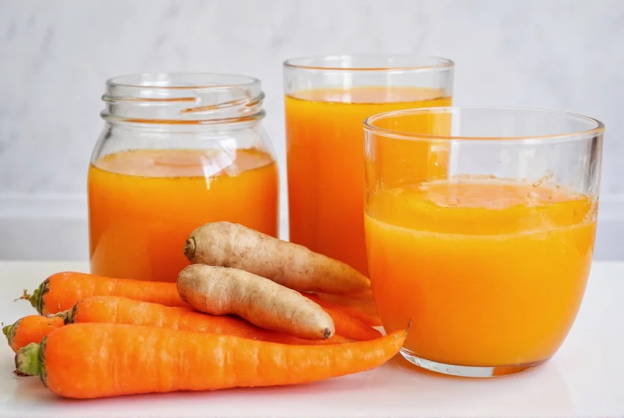Colorful array of carrot and ginger recipes including juice, soup, and tea in glass containers