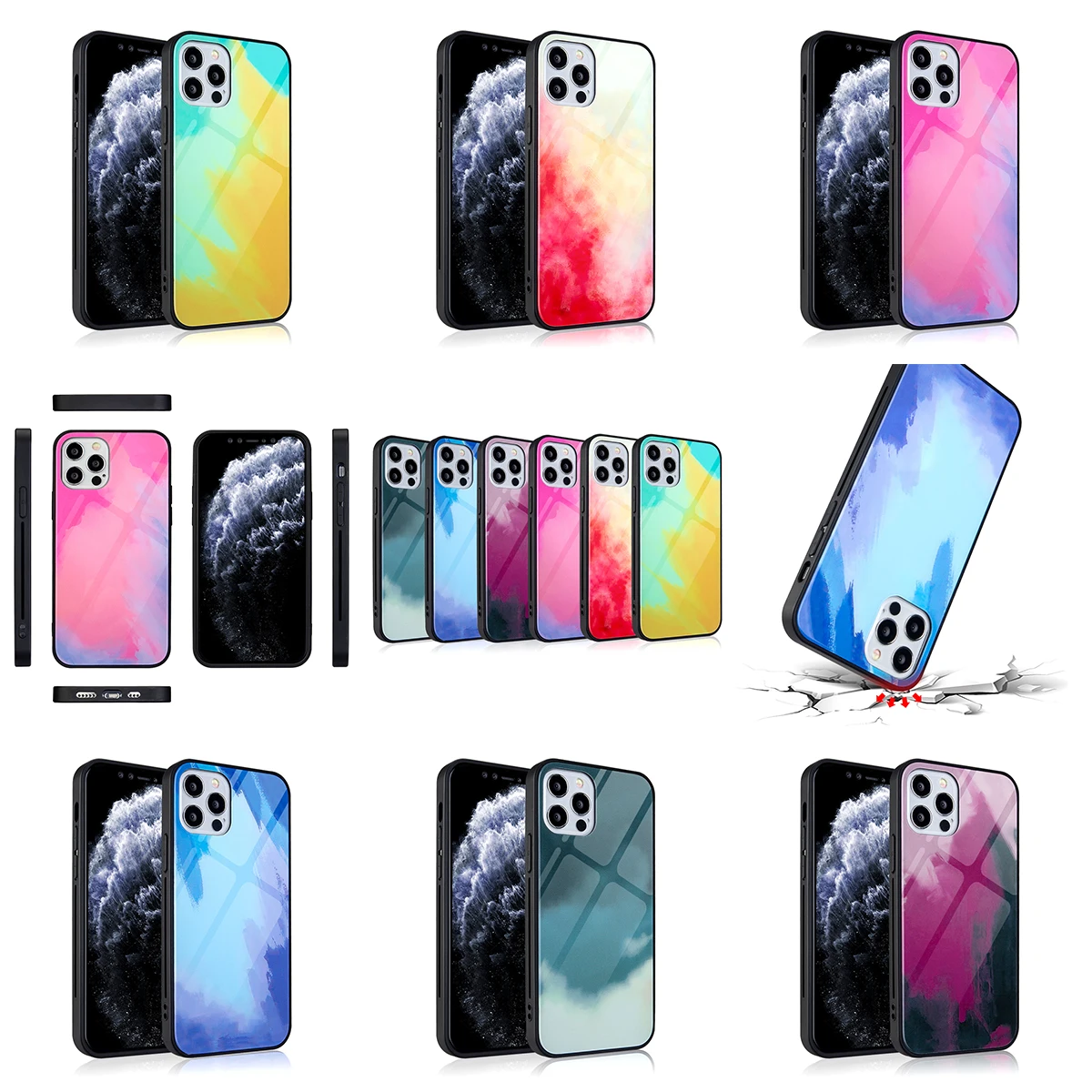 

gradient watercolor case for iPhone 12 Pro max mirror tempered glass printing phone case for iphone 11