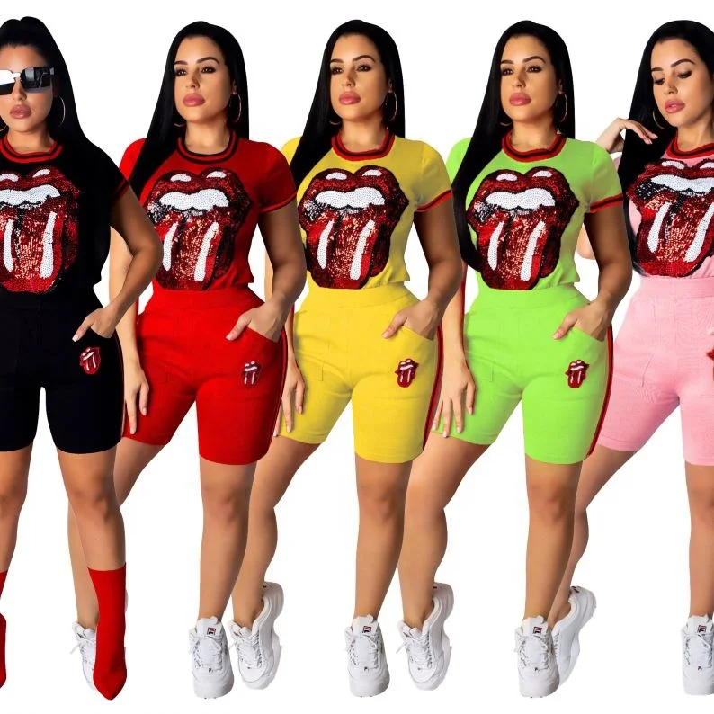 

New summer ladies fashion sequins mouth pattern T-shirt tops and shorts suit, As picture or customized make
