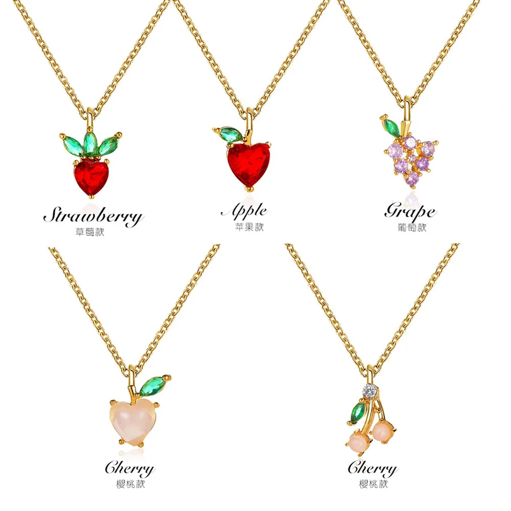 

Sweet cute grape apple pendant fruit crystal collarbone chain necklace student jewelry, Gold ,silver