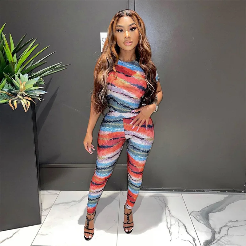 

Fashion Women Fall Clothing Sets 2 Piece Short Sleeve Set Bodycon Stripe Print Sportswear