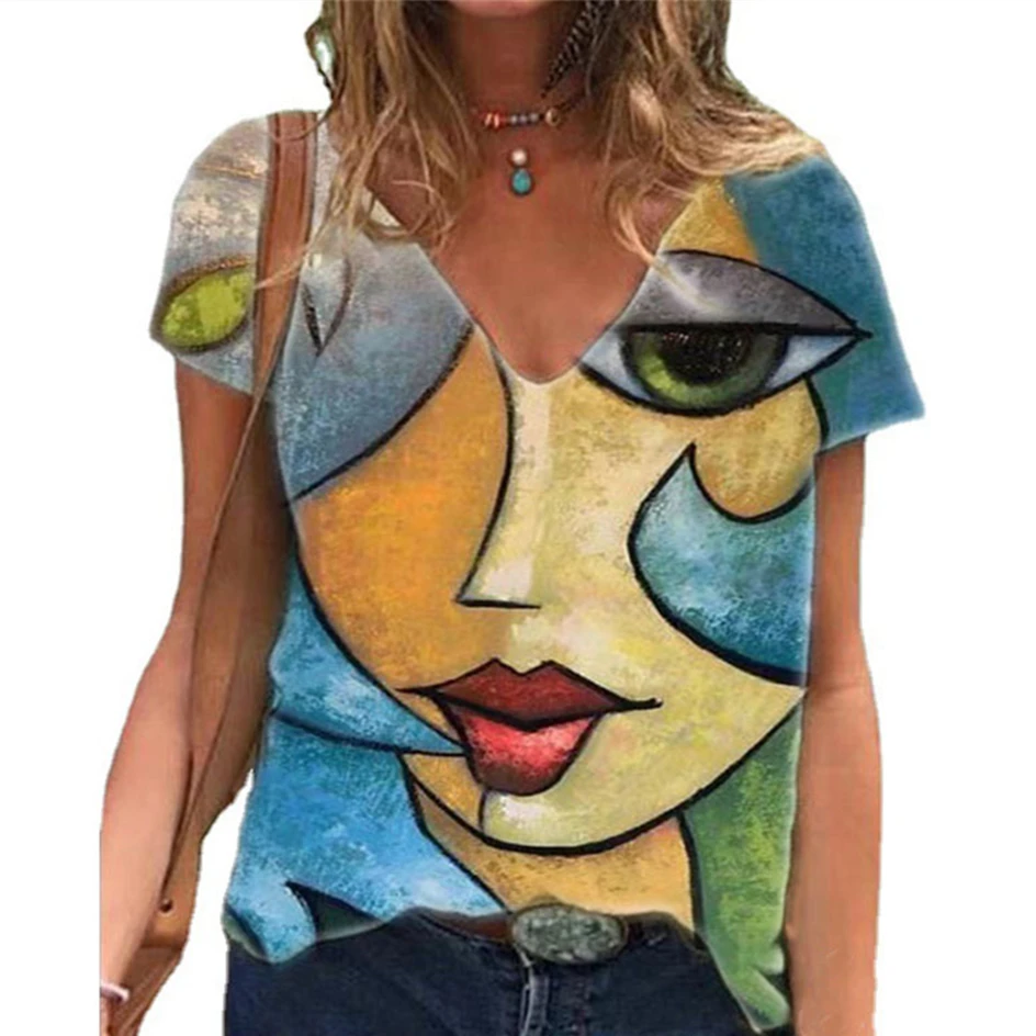

2021 Summer 3D Printed Short-sleeved women v-neck men t shirts