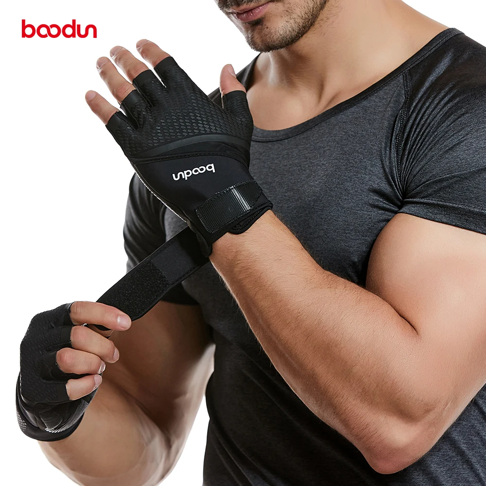 

Boodun weightlifting gloves leather Wraps With Hand Gym Fitness gel non-slip Adjustable Dynamic half Finger Wrist Brace glove