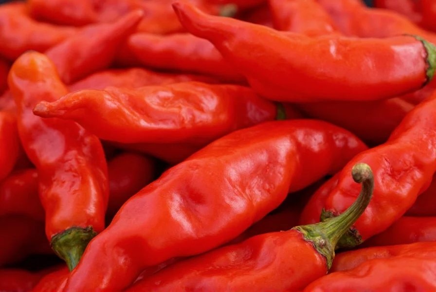 Close-up of ghost pepper pods showing wrinkled texture and vibrant red color