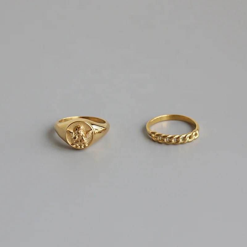 Golden Angel & Twisted Chain Style 18K Gold Stainless Steel Rings for woman